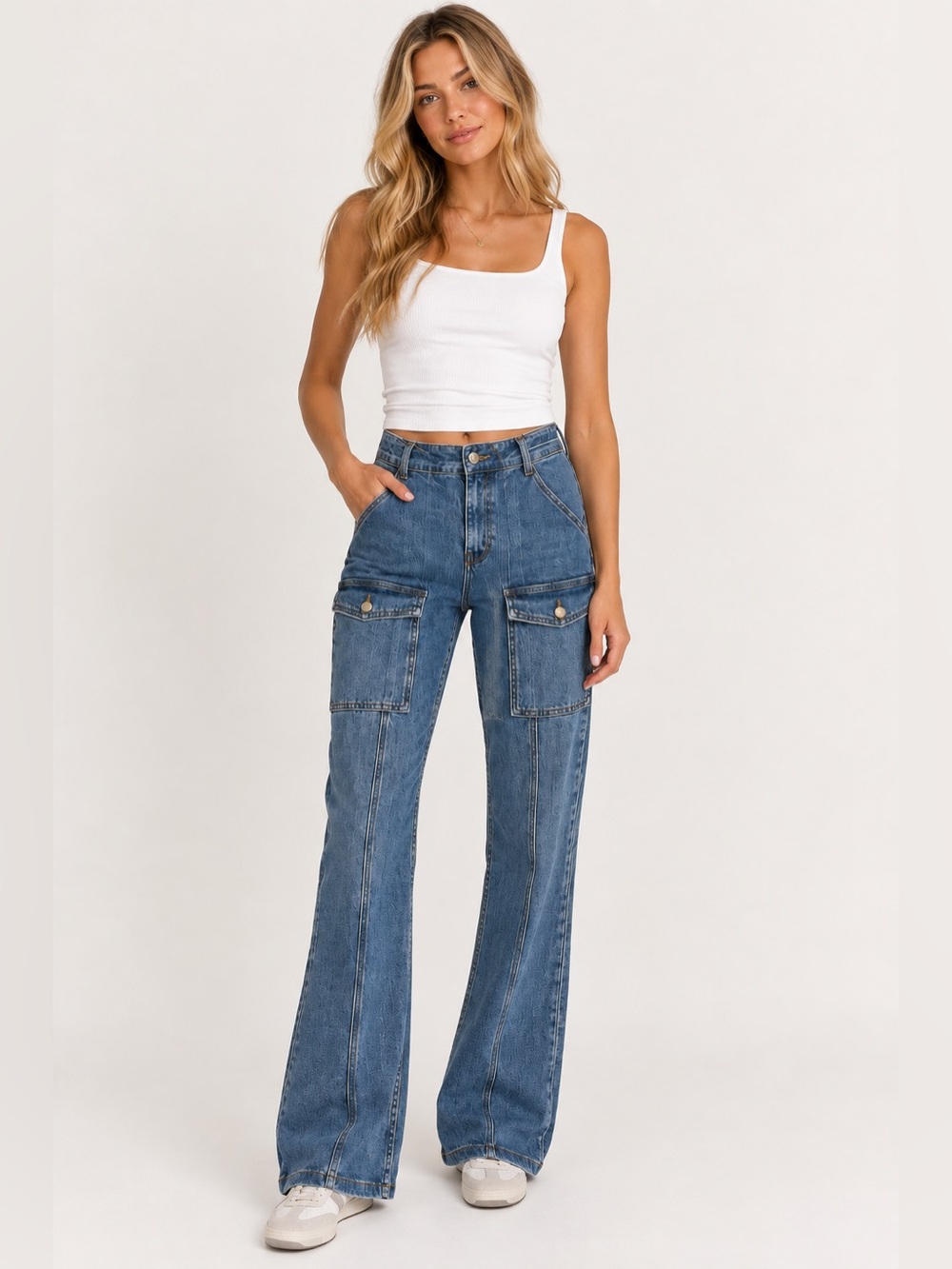 Derek Lam IO Crosby Aspen Belted High Rise Flare Blue Cargo Jeans